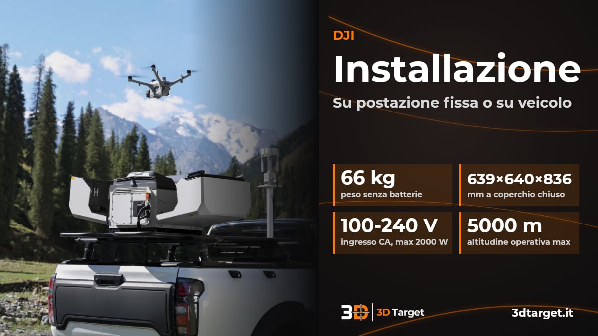 DJI Dock 4 installato su un veicolo con il drone Matrice 5TD in volo